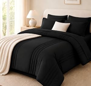 Velorose Queen Comforter Set Black, 7 Pieces Bed in a Bag Queen Size, Lightweight Microfib