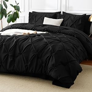 CozyLux Queen Comforter Set Black, 7 Pieces Pintuck Bed in A Bag, All Season Comforter Que