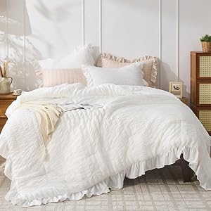 JOLLYVOGUE White Comforters Queen Size, 3 Pieces Ruffle Seersucker Queen Comforter Set for