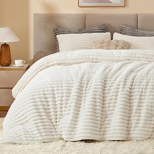 BEDELITE Fleece Queen Comforter Set -Super Soft & Warm Fluffy Cream White Bedding, Lux