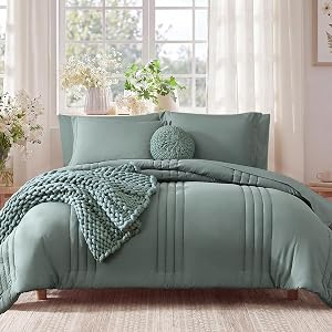 Monbix Queen Comforter Set - 7 Pieces Sage Green Bed in a Bag Queen Bedding Sets with Comf