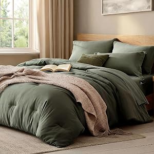 WRENSONGE Queen Comforter Set- 7 Pieces Soft Olive Green Bed in a Bag with Fitted Sheet, F