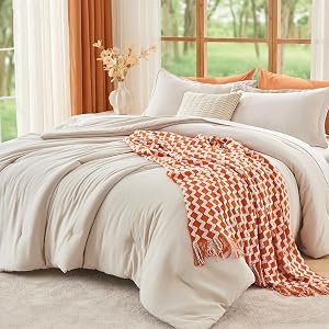 MUXHOMO Queen Size Comforter Set Beige, 3 Piece Solid Bedding for All Seasons, Warm Down A
