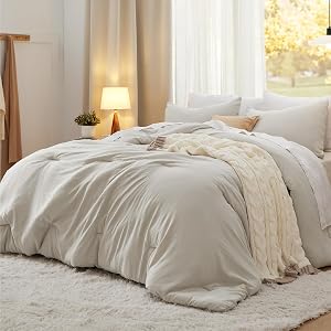Bedsure Queen Comforter Set, Beige Soft Prewashed Bedding for All Seasons, 3 Pieces Gentle
