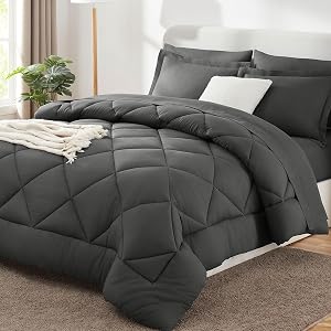 CozyLux Queen Comforter Set Dark Grey - Bed in a Bag Queen Size 7 Pieces, Luxury Soft Bed