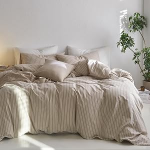 MooMee Striped Duvet Cover Set 100% Washed Cotton Linen Like Textured Breathable Durable S