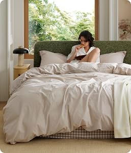 Bedsure 100% Washed Cotton Duvet Cover King Size - Linen Color Minimalist Bedding Set Line