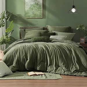 Monbix Queen Comforter Set - 7 Pieces Cationic Dyeing Olive Green Bed in a Bag Queen Beddi