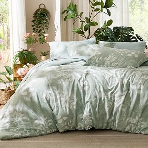 Bedsure Queen Comforter Set - 7 Pieces Floral Sage Green GentleSoft Bedding Sets, Queen B