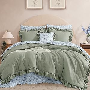 BLOOMHAVEN Queen Comforter Set - 7 Pieces Ruffle Sage Green Bedding Sets, Shabby Chic Farm