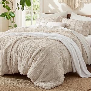 Bedsure Tufted Boho Comforter Set Queen Size - Beige Boho Bed Set, GentleSoft 3 Pieces Fa